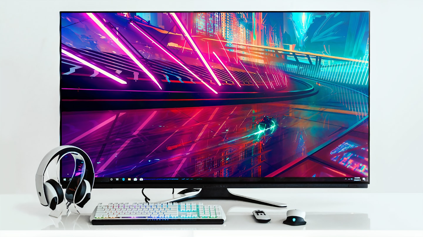 Gaming monitor with keyboard and headset on a white desk.